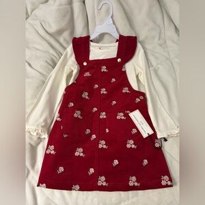 Red Floral Pinafore Dress with Cream Top